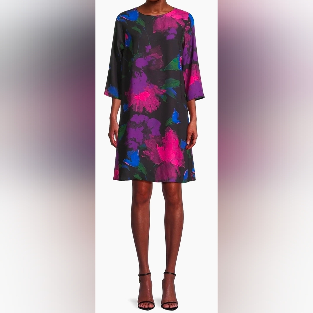 Caroline Rose Autumn Allure Black‎ W/Floral Round Neck A-line Midi Dress